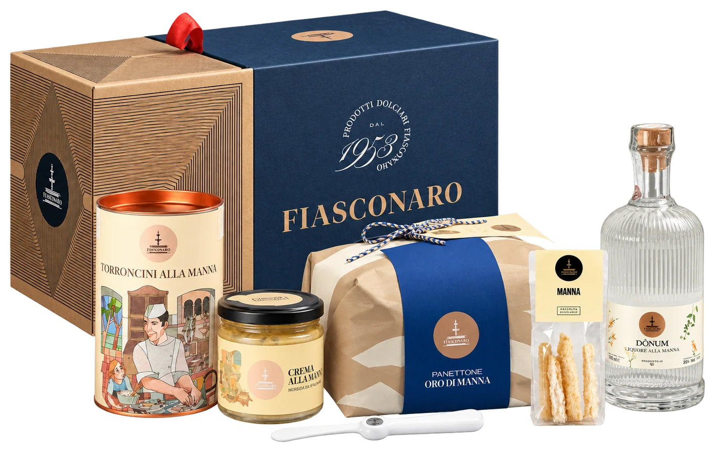 Fiasconaro Geschenkset mit Panettone Oro di Manna, Crema, Torroncini und Gin als Firmengeschenk