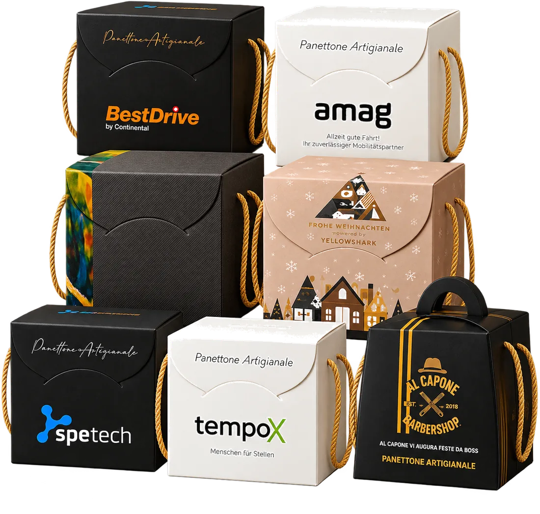 Panettone Geschenkboxen mit individuellem Firmenlogo als personalisiertes Weihnachtsgeschenk